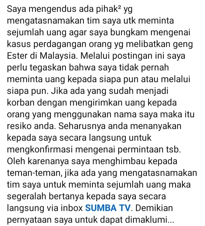 Waspada Penipuan! Oknum Catut Nama Tim Penanganan Kasus TPPO 'Agen Ester', Sumba TV Rilis Peringatan