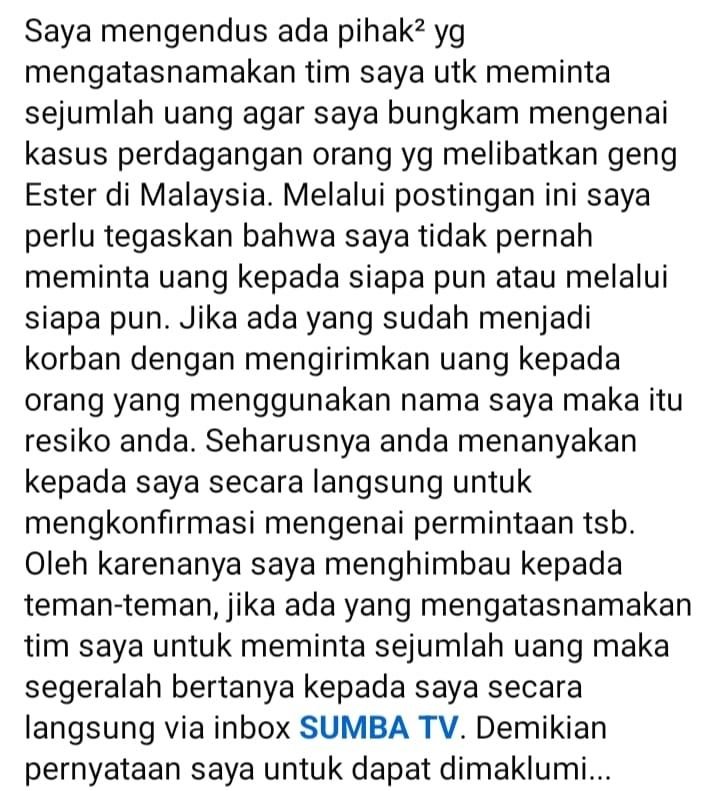 Waspada Penipuan! Oknum Catut Nama Tim Penanganan Kasus TPPO 'Agen Ester', Sumba TV Rilis Peringatan