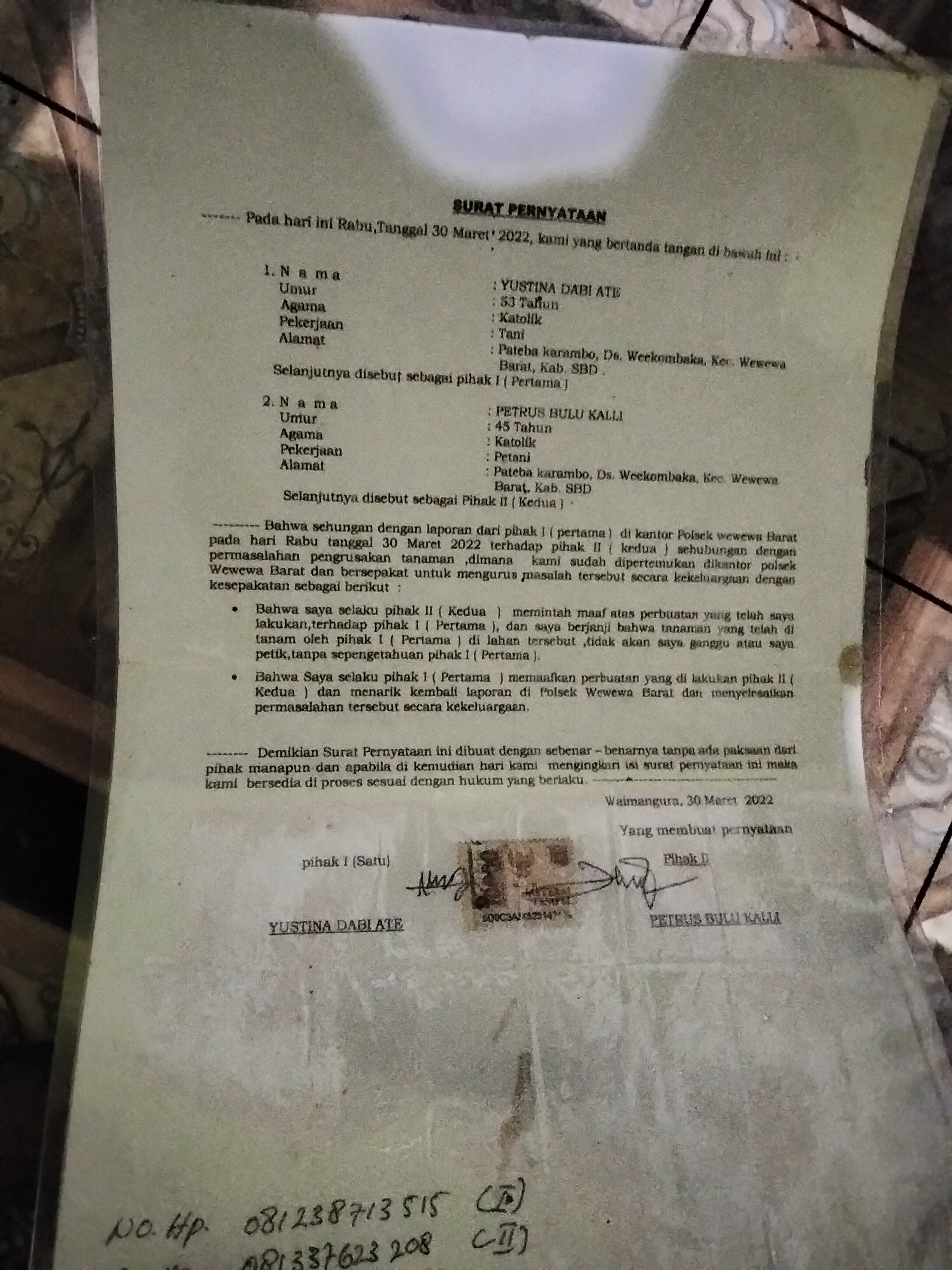 Oknum Petrus Bulu Kali Melanggar Surat Pernyataan yang dibuat Tahun 2022 di POLSEK Wewewa Barat