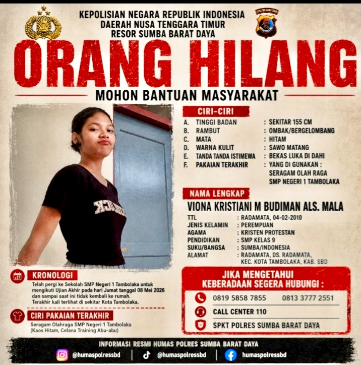 BREAKING NEWS Gerak Cepat Polres SBD, Siswi SMP yang Dilaporkan Hilang Berhasil Ditemukan di Waikabubak