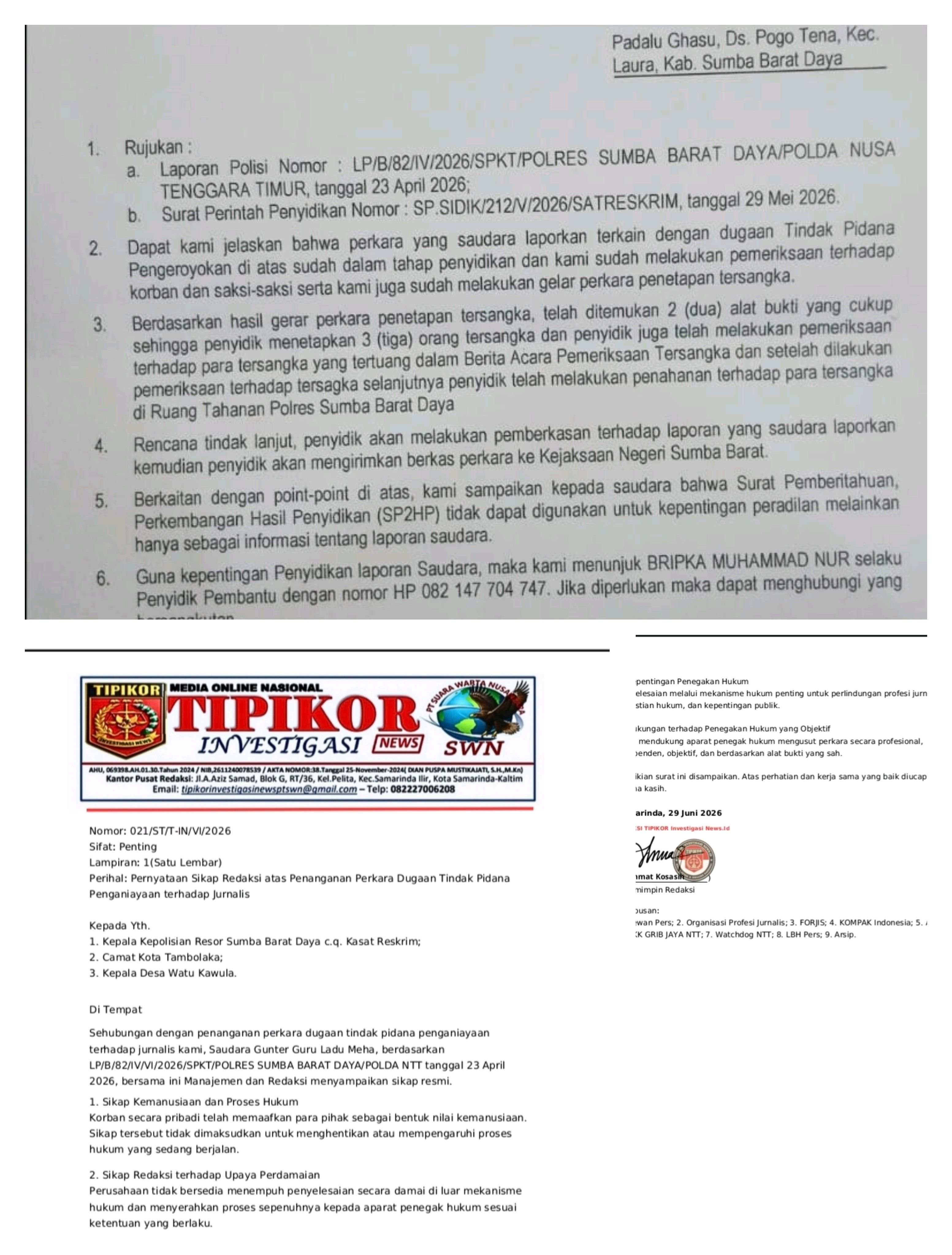 Redaksi TIPIKOR Investigasi News Tegaskan Kasus Penganiayaan Wartawan Tetap Berlanjut, Tiga Tersangka Resmi Ditahan