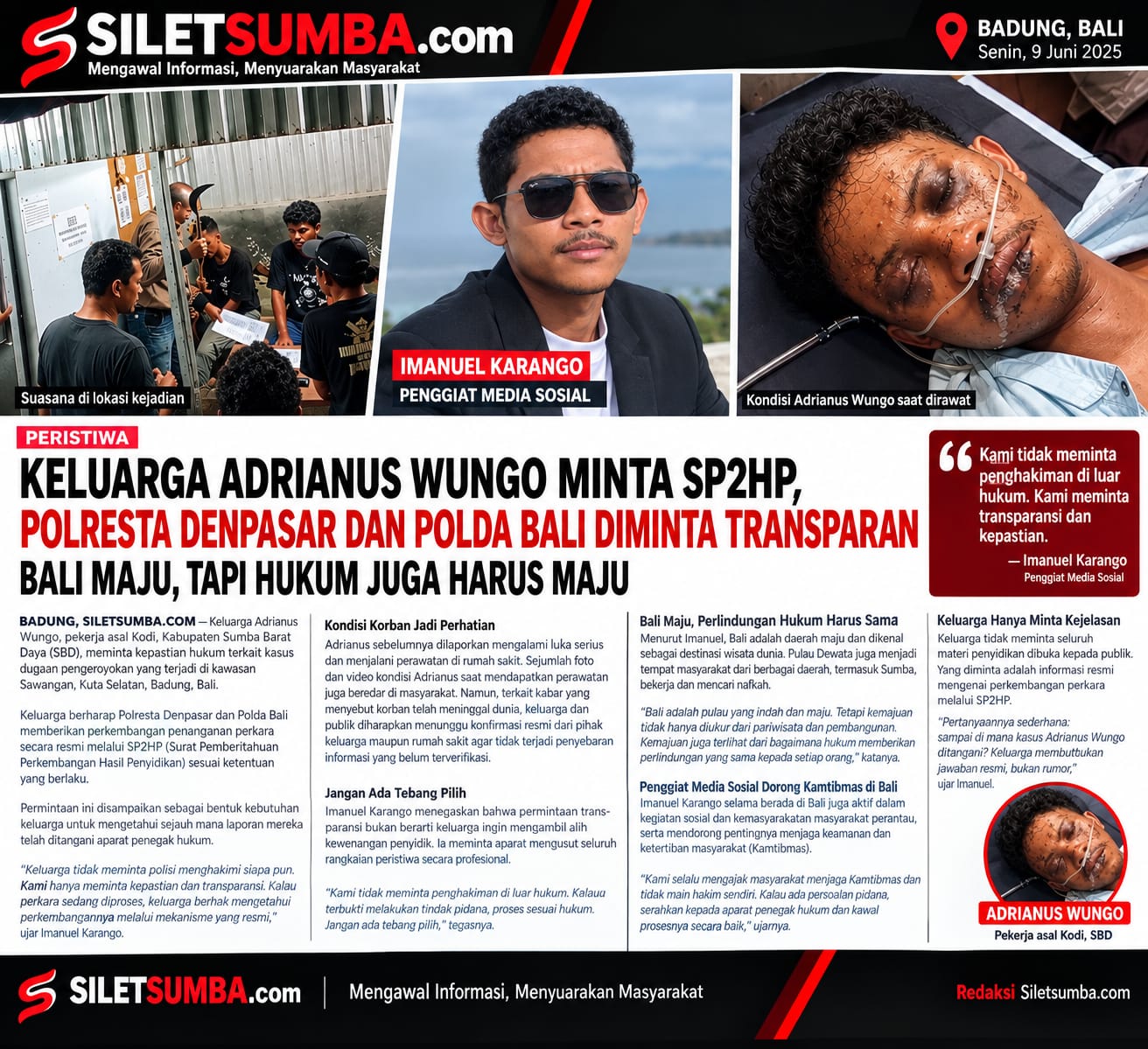 Keluarga Adrianus Wungo Minta SP2HP, Polresta Denpasar dan Polda Bali Diminta Transparan