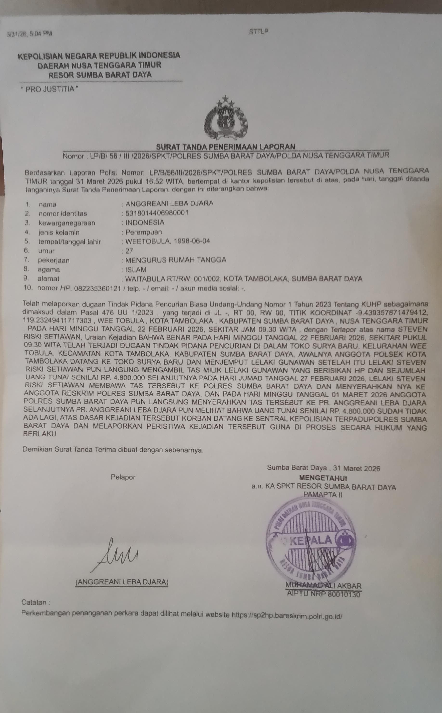 STPL Terbit, Dugaan Pencurian Rp4,8 Juta di Toko Surya Baru Dilaporkan ke Polres SBD